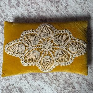 Cottagecore Boho Velvet Doily Throw Pillow Yellow